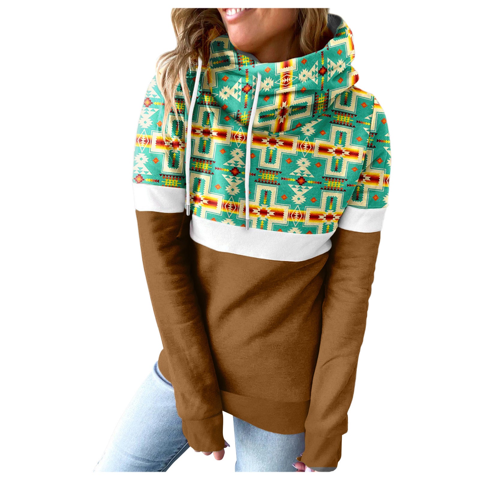 Women's Printed Patchwork Hooded Casual Sweatshirt