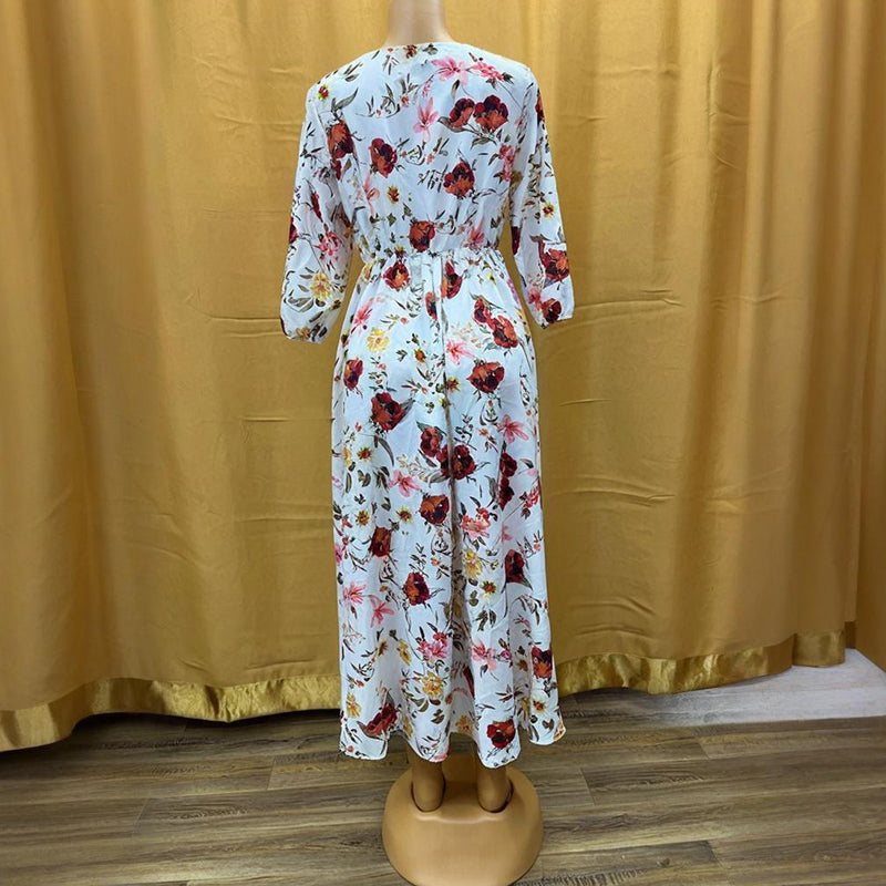 Women's Elegant Floral Print Boho Dress - Round Neck Half Sleeves Flowy Maxi Dress