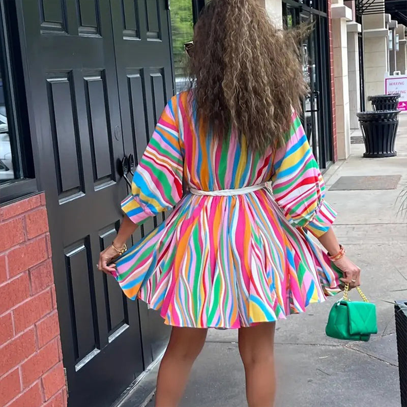 Women's V-Neck Rainbow Stripe Short Dress Three Quarters Sleeve Casual Summer Sundress With Tie Waist