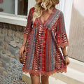 Women's Boho Print Mini Dress V-Neck 3 4 Sleeve Flowy Casual Summer Beach Sundress