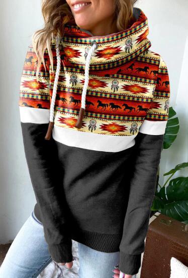 Women's Printed Patchwork Hooded Casual Sweatshirt