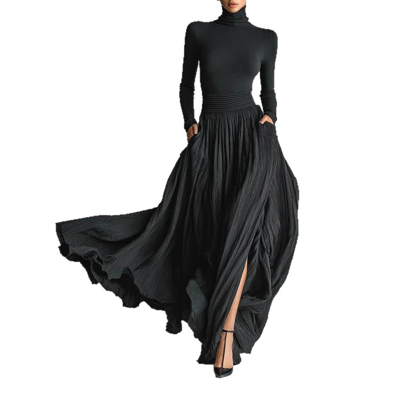 Women's Elegant High-Neck Sweater And Skirt Set - Solid Color With Slit Hem, Cozy Two-Piece Outfit For Fall Winter Casual Chic